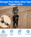 Six Pack Heavy Duty Toggle Latch Set 4003 Style with lock on wooden surface, black coated finish, showing secure attachment.