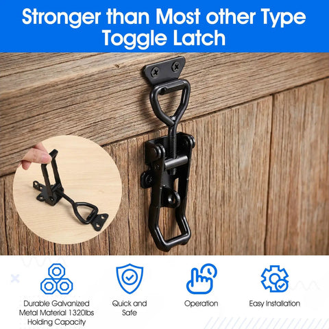 Six Pack Heavy Duty Toggle Latch Set 4003 Style with lock on wooden surface, black coated finish, showing secure attachment.