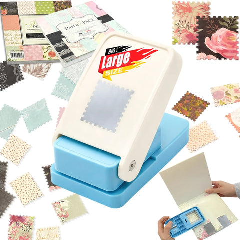 Big 1.5 By 1.25 Inch Stamp Punch For Scrapbooking And Card Making, Easy Handheld Lever Punch To Create Custom Postage Stamp Cutouts with paper samples.
