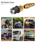 Upgraded Open Flow Locking Air Chuck, Heavy Duty Brass One Quarter Inch FNPT Quick Connect For Tire Inflation, shown with vehicles.