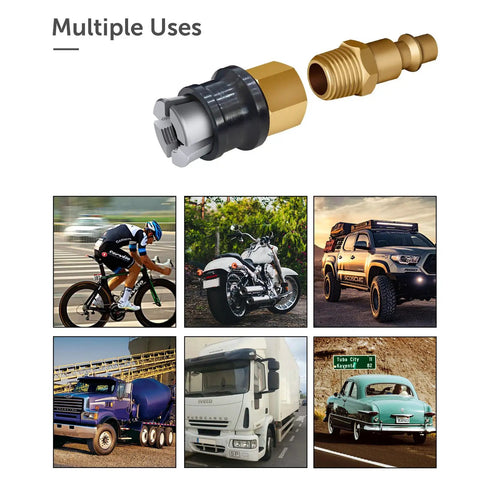 Upgraded Open Flow Locking Air Chuck, Heavy Duty Brass One Quarter Inch FNPT Quick Connect For Tire Inflation, shown with vehicles.