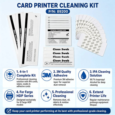 Complete Card Printer Maintenance Kit Compatible With Fargo HDP Models Featuring IPA Scrub Wipes Adhesive Cleaners And Foam Swabs, includes cleaning cards and swabs.