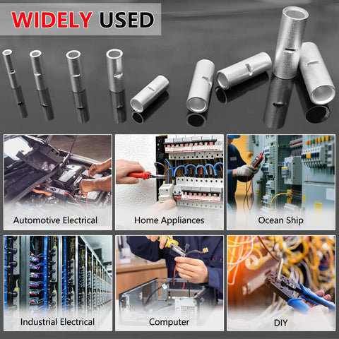 Beefy 520 Piece Non Insulated Butt Connectors Kit For 26 To 8 Gauge Wires Tinned Copper Marine Grade Seamless Barrel Crimp Terminals displayed with usage scenarios.