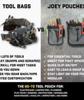 Comparison between traditional tool bags and clip-on tool belt pouch for tools and hardware, lightweight utility bag with elastic pockets and side loops for grab-and-go access for electricians, plumbers, HVAC techs, carpenters, and other trades pros.