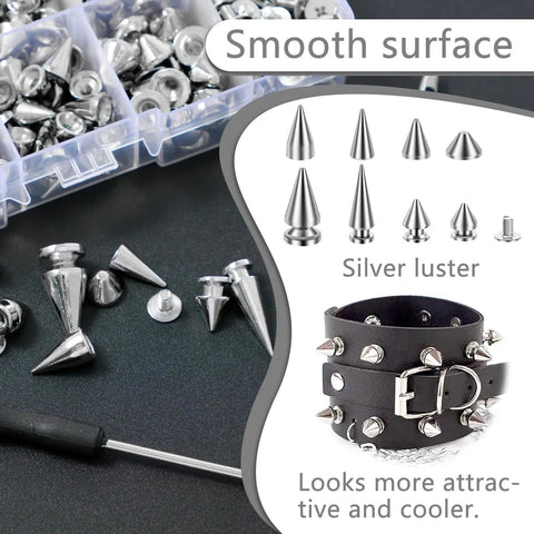 359 Piece Punk Spikes And Studs Kit In Zinc Alloy Silver Cone Spikes And Rivets Eight Sizes For DIY Leather Clothing