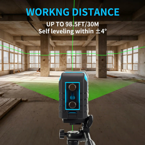Self Leveling Laser Level With Tripod And Magnetic Base, 98.5ft Green Cross Line Laser For Tile, Picture Hanging, DIY And Home Improvement, Easy Brightness Adjustments, Includes AA Batteries And Carrying Pouch, Bang For Your Buck in unfinished room
