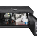 Biometric And Keypad Safe With Dual Access For Home Or Office Built Like A Tank To Store Up To 120 Fingerprints And One PIN Solid Steel Construction With Concealed Hinges And Pry Resistant Deadbolts Carpeted Interior For Valuables showing open door with contents