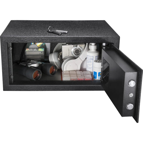 Biometric And Keypad Safe With Dual Access For Home Or Office Built Like A Tank To Store Up To 120 Fingerprints And One PIN Solid Steel Construction With Concealed Hinges And Pry Resistant Deadbolts Carpeted Interior For Valuables showing open door with contents
