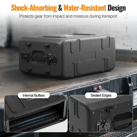 4U Shallow 19 Inch Rackmount Case with detachable covers, tough HDPE shell, shockproof and waterproof design, black color.
