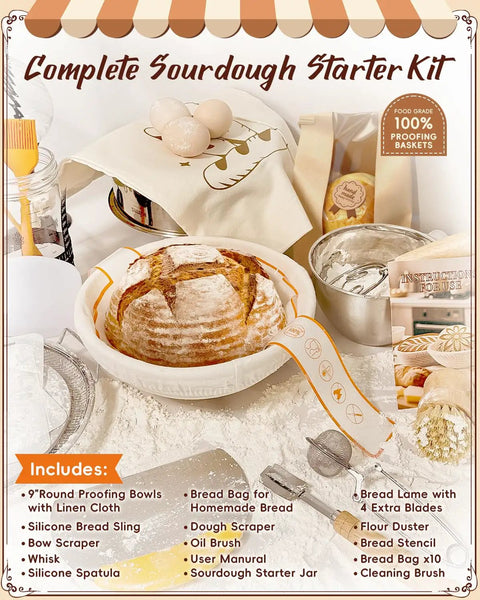 Complete All In One Sourdough Starter Kit For Beginners with proofing basket, tools, and breads displayed on kitchen counter.