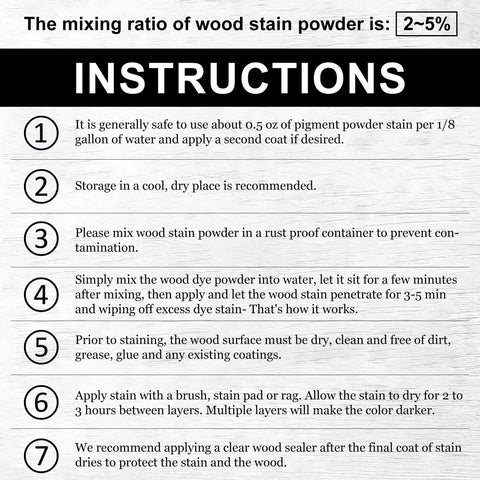 Instructions for Top Shelf Water Activated Wood Dye Powder Kit mixing ratios and application steps.