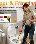 Heavy Duty 6ft Toilet Auger With Dual Bulb Head And Drill Ready Build For Killing Nasty Clogs Dead Quick Telescopic Closet Snake Using Vinyl Shielded Cable, user operating drill to clear toilet drain.