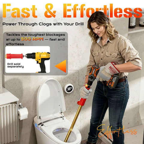 Heavy Duty 6ft Toilet Auger With Dual Bulb Head And Drill Ready Build For Killing Nasty Clogs Dead Quick Telescopic Closet Snake Using Vinyl Shielded Cable, user operating drill to clear toilet drain.