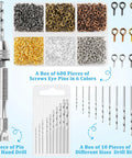 Pin Vise Hand Drill Set With 600 Eye Hooks And 10 Drill Bit Sizes For Jewelry Making and DIY Crafts, shown with accessories.