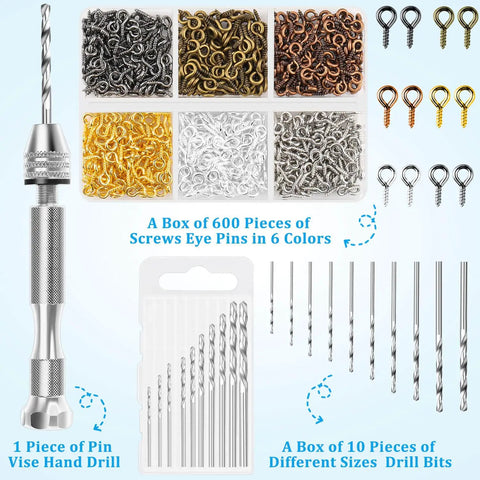 Pin Vise Hand Drill Set With 600 Eye Hooks And 10 Drill Bit Sizes For Jewelry Making and DIY Crafts, shown with accessories.