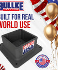 Heavy Duty 4x4 Post Base Bracket Anchor With Rust Free Plastic Deck Skirt And Flange Cover For Wood Posts And Handrail Braces Built Ridiculously Tough In Usa For Yard Work Projects, black base with 'Made in USA' label.