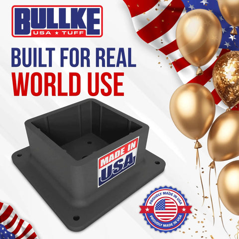 Heavy Duty 4x4 Post Base Bracket Anchor With Rust Free Plastic Deck Skirt And Flange Cover For Wood Posts And Handrail Braces Built Ridiculously Tough In Usa For Yard Work Projects, black base with 'Made in USA' label.