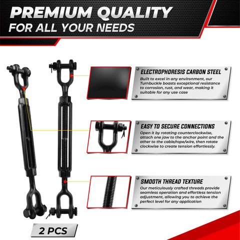 Heavy Duty Jaw And Jaw Turnbuckle Set 2 Pack Half Inch By 13.4 Inch For Wire Rope Tension 2200 Lbs Working Load displayed