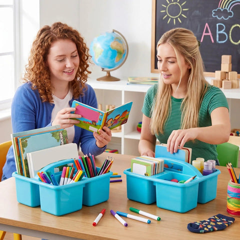 Two women using 24 Pack Classroom Caddies Bulk With 3 Compartments And Easy Grip Handle Plastic Stackable Storage Caddies on a desk