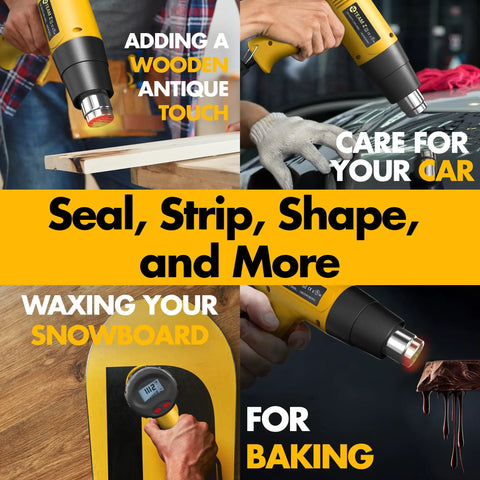 Heavy Duty 1800W Heat Gun Kit With LCD Display And Overload Protection 212F To 1112F in use on wood, car, snowboard, and baking.
