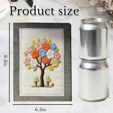 Embroidery kit size comparison with two soda cans, showing floral design for New Embroidery Kit With Full Toolkit And Step By Step Tutorial.