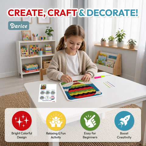 Young girl crafting latch hook rug kit hot air balloon design for kids and adults do it yourself craft set with color canvas