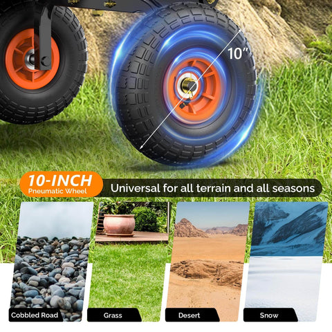 Heavy Duty Dump Cart Wagon With Quick Release Dump, featuring 10 inch all terrain tires suitable for cobbled, grass, desert, and snow.
