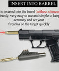 Laser Bore Sighter End Barrel for revolvers pistols and rifles inserted in firearm, showing red laser, brass construction.