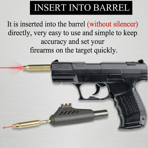 Laser Bore Sighter End Barrel for revolvers pistols and rifles inserted in firearm, showing red laser, brass construction.