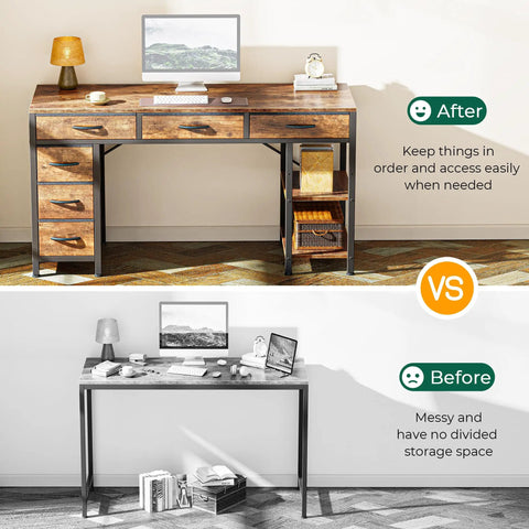 Comparison of a tidy 47 Inch Rustic Brown Corner Desk With Six Fabric Drawers And Shelves, Reversible Gaming And Office Desk for Home Office Study Or Living Room and a messy setup.