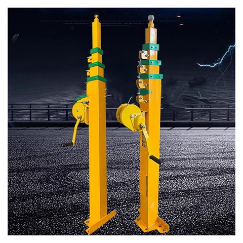 Hand Crank Telescopic Lifting Pole Manual Winch Mast Adjustable 3 To 8 Meters Heavy Duty Site Lighting Equipment Rigging showing a yellow lifting pole with crank