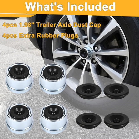 Trailer axle dust cap cups, 1.98", chrome metal with 4 rubber plugs for 2000–3500 lb trailer hubs