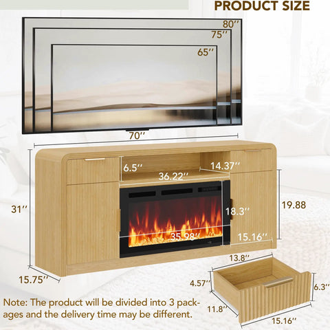70 Inch Fireplace TV Stand With Wavy Fluted Doors And Adjustable Shelves For 80 Inch TV, remote control, oak finish, product dimensions