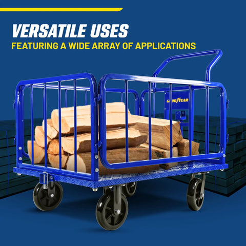 Heavy Duty Goodyear Cargo Trailer With 1200 Lbs Capacity, Aluminum Utility Cart loaded with firewood, ideal for work sites.