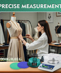 Woman using digital fabric GSM scale 1000g with 3 textile units, pro-grade weight balance for textiles, includes disc sampler cutter.