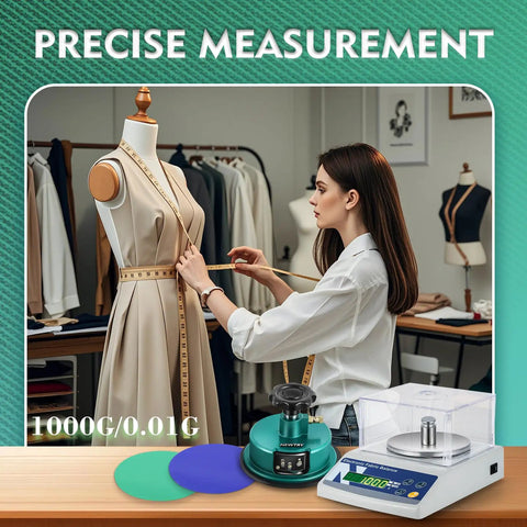 Woman using digital fabric GSM scale 1000g with 3 textile units, pro-grade weight balance for textiles, includes disc sampler cutter.