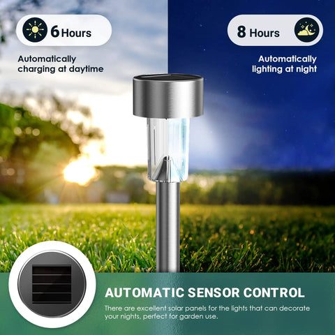 Close-up of 16 Pack Solar Lights Outdoor Waterproof Stainless Steel LED Garden Lights illuminating lawn at night