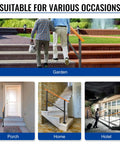Sturdy Metal Wood Grain Handrail For 3 Step Outdoor Stairs Built Tough For Elderly Grip Help And Fall Prevention in garden setting.