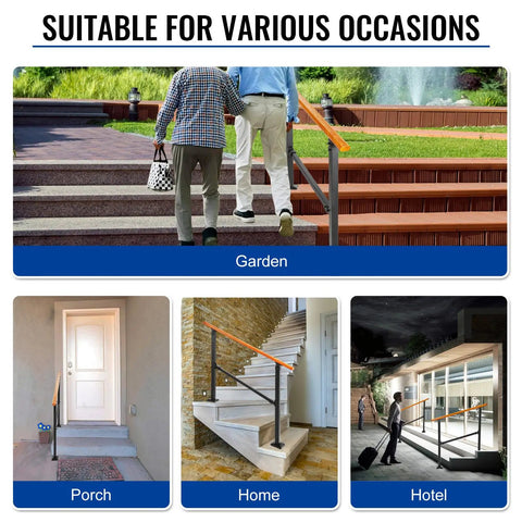 Sturdy Metal Wood Grain Handrail For 3 Step Outdoor Stairs Built Tough For Elderly Grip Help And Fall Prevention in garden setting.