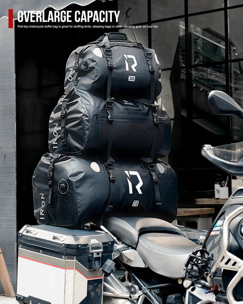 Motorcycle with stacked Waterproof Motorcycle Dry Bag 30L Duffle Tail Bag N Saddle Bags With Roll Top Closure showcasing capacity