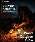 Retro LED Lantern For Outdoor Adventures And Emergencies providing warm glow beside a person with a dog in a campsite