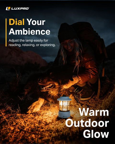 Retro LED Lantern For Outdoor Adventures And Emergencies providing warm glow beside a person with a dog in a campsite
