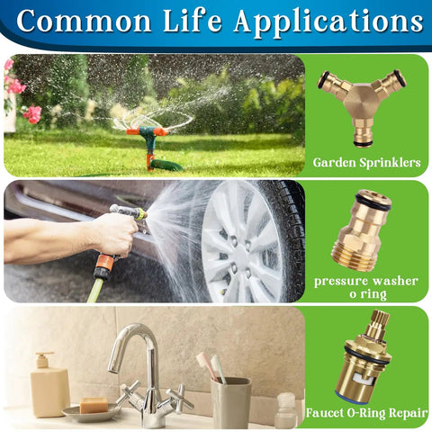 Common applications of the 3-In-1 Spigot Repair Washers Kit With Hose Gasket And Faucet O-Rings No More Leaks For Kitchen Faucet Outdoor Hose Bib Water Spigot Seal Repair 1075 Pcs Plumbing Rubber Washers Assortment Set shown in garden sprinklers, pressure washers, and faucet repairs.