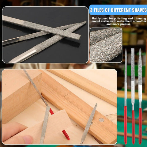 Three files with different shapes from 25-Piece Model Building Tools Kit For Hobbyists And DIY Enthusiasts With Cutting Sanding Engraving Disassembly And Repair Essentials For Plastic Figures And Mini Kits Ideal For Build And Fix Projects At Home Or In The Workshop