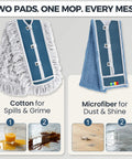 Features two washable pads: cotton for spills and microfiber for shine on 42 Inch Commercial Dust Mop With Extra Wide Flat Head Heavy Duty Swivel Design.