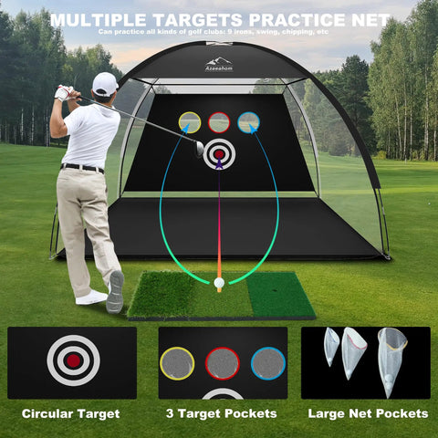 Golfer using 10x7 Ft Golf Hitting Net With Tri Turf Mat Multi Target Practice Net For Backyard Indoor And Outdoor Chipping And Driving