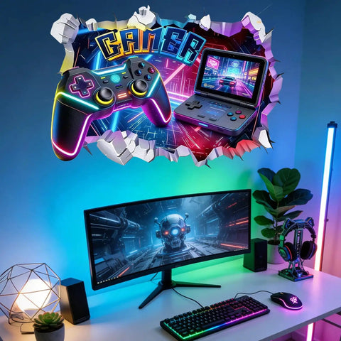 Large 3D Gamer Wall Decal Set With Controller Design Peel And Stick For Boys Room Teen Bedroom Playroom Wall Decor