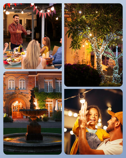 Gathering under lights enjoying dinner outdoors with Weatherproof Outdoor Light Timer Featuring Automatic Dusk To Dawn Sensor And Triple Prong Outlet For Steady Porch Lighting That Runs Smoothly No Matter What.