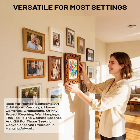 Woman using All In One Picture Hanging Tool That Levels Dead Straight No Sweat to hang a colorful framed artwork on wall.