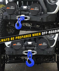 Forged Steel Winch Hook Set 3/8 Inch Grade 70 Safety Latch on off-road Jeep with attached blue hook for recovery, Jeeps trucks ATVs UTVs